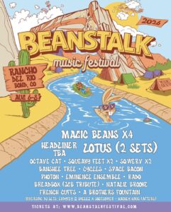 Beanstalk music festival poster with a colorful cartoon canyon and river scene featuring tents, a sunglasses-wearing rabbit in the water and a wooden sign reading Rancho Dez Rio, Bond, CO, Aug 6–8. The flyer lists the lineup with Magic Beans x4, ZOTUS (2 sets), a headliner TBA and multiple supporting acts, plus a ticket URL at the bottom.