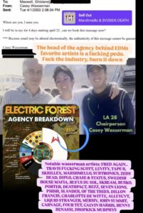 Collage combining a screenshot of an email header with redacted names, a group photo of three people, and a colorful "Electric Forest Agency Breakdown" pie chart highlighting one agency's large share. Overlaid bold text accuses the agency head of misconduct and a pasted list names many artists represented.