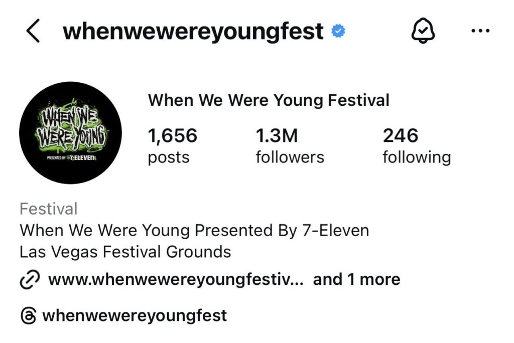 When We Were Young Festival's Instagram profile header showing the circular neon green festival logo, a blue verification badge next to the username whenwewereyoungfest, and account stats reading 1,656 posts, 1.3M followers and 246 following. The bio displays "When We Were Young Presented By 7‑Eleven Las Vegas Festival Grounds" with a website link and the @whenwewereyoungfest handle.