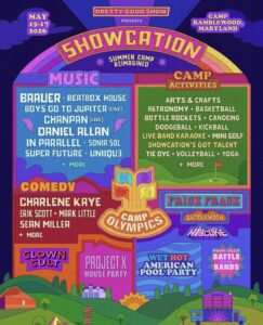 Colorful retro poster for Showcation 2026 at Camp Ramblewood, Maryland (May 15–17) listing music acts, comedy performers and themed events like Camp Olympics, Frick Frack and pool/house parties alongside a panel of camp activities including arts & crafts, canoeing, dodgeball, tie-dye and yoga.
