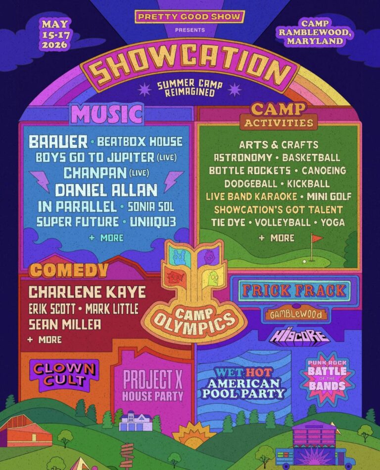 Colorful retro poster for Showcation 2026 at Camp Ramblewood, Maryland (May 15–17) listing music acts, comedy performers and themed events like Camp Olympics, Frick Frack and pool/house parties alongside a panel of camp activities including arts & crafts, canoeing, dodgeball, tie-dye and yoga.