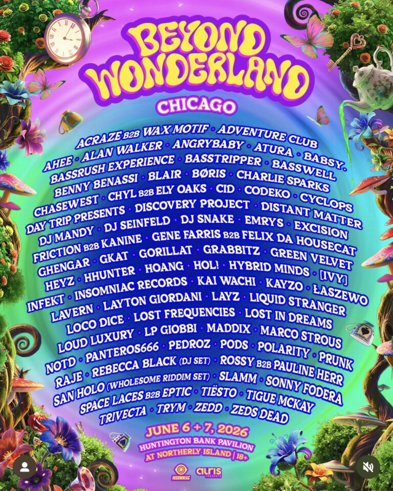 Colorful psychedelic festival poster for Beyond Wonderland Chicago 2026 listing dozens of electronic artists and DJs in bold white and blue text against a purple-green swirled background with butterflies, flowers, and teacup illustrations. Dates June 6 & 7, 2026, Huntington Bank Pavilion at Northerly Island, 18+, and promoter logos appear at the bottom.