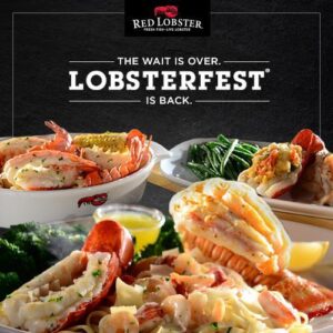 Red Lobster promotional graphic with the restaurant logo and the headline “The wait is over. Lobsterfest is back.” Plates of lobster tails, lobster pasta, shrimp and sides are arranged on a dark background to showcase menu items.