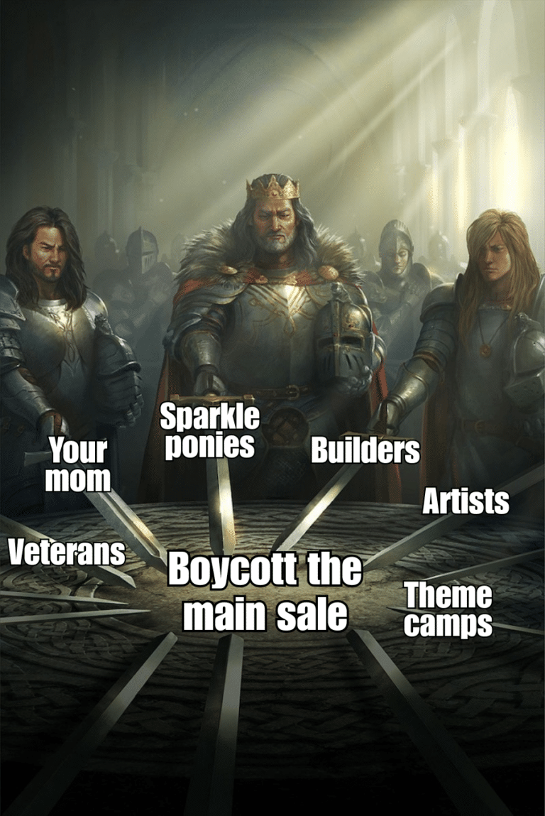 Medieval-style painting of a crowned king and knights placing swords together over a round table, with white meme labels naming groups — "Your mom," "Sparkle ponies," "Builders," "Artists," "Veterans," and "Theme camps" — all pointing to a central slogan that reads "Boycott the main sale.