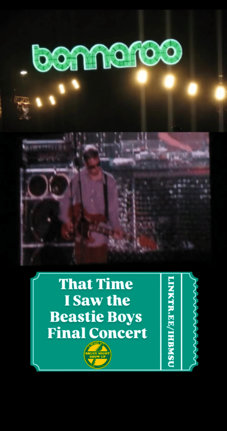Collage-style vertical image with three stacked panels: a glowing green "bonnaroo" sign and strand of stage lights at the top, a grainy concert screen showing a guitarist playing in the middle, and a teal ticket-style graphic at the bottom reading "That Time I Saw the Beastie Boys Final Concert" with a small circular logo and a short URL.
