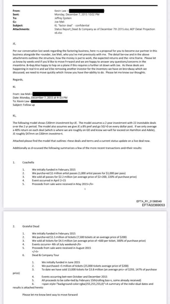 Scanned two-page email and attached proposal dated December 7, 2015, addressed to Jeffrey Epstein and others, with black redactions, detailing a factoring/investment pitch that lists ticket-flipping transactions for Coachella, Grateful Dead and Dead & Company including purchase amounts and sale proceeds.