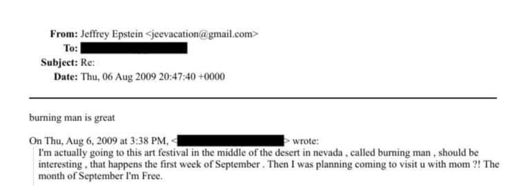 Screenshot of an email header and message showing sender/recipient lines, a date and time, and heavy blacked-out redactions; the visible body line reads "burning man is great." A quoted earlier message below references going to an art festival in the Nevada desert during the first week of September.