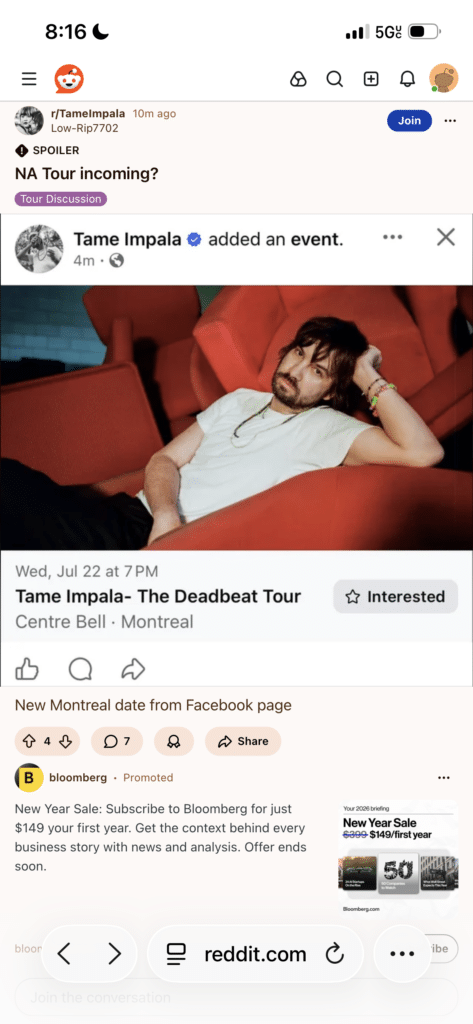 Screenshot of a Reddit post showing a Facebook event added by Tame Impala titled “Tame Impala — The Deadbeat Tour” with a listing for Centre Bell, Montreal on Wed, Jul 22 at 7 PM. The event preview shows a promo photo of a man reclining on red theater seats, with Reddit UI and an ad visible below.