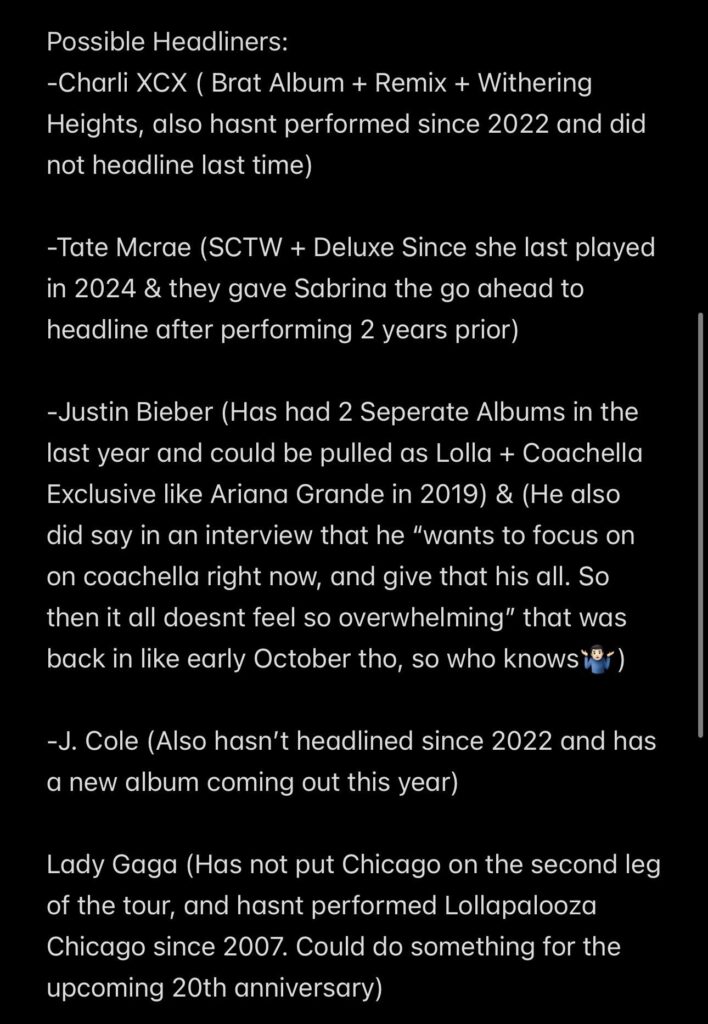 Screenshot showing white text on a black background listing possible Lollapalooza 2026 headliners—Charli XCX, Tate McRae, Justin Bieber, J. Cole and Lady Gaga—with brief notes about albums, past performances and tour availability.