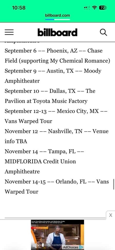 Mobile screenshot of a Billboard tour schedule listing dates and venues for Jimmy Eat World, including September stops in Phoenix, Austin, Dallas and Mexico City and November listings showing November 12 Nashville with "Venue info TBA" plus Tampa and Orlando.