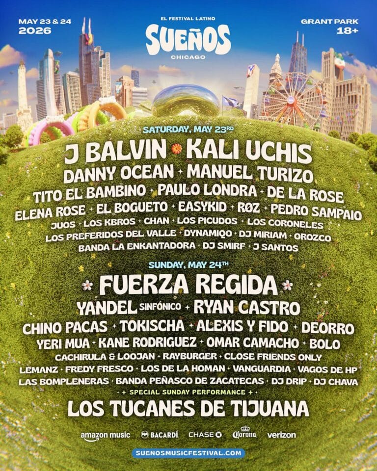 Sueños Festival lineup poster for May 23–24, 2026 at Grant Park in Chicago, with a stylized grassy hill foreground and city skyline and ferris wheel in the background. Headliners listed include J Balvin, Kali Uchis and Fuerza Regida along with a full two-day roster of Latin artists.