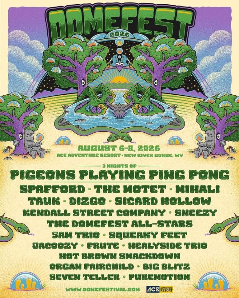 Psychedelic festival poster for Domefest 2026 featuring whimsical trees with eyes, snakes, a river and sunrise in vibrant retro colors and decorative bubble lettering. Text lists dates (August 6–8, 2026), location (ACE Adventure Resort, New River Gorge, WV) and headliners including Pigeons Playing Ping Pong for three nights plus Spafford, The Motet, Mihali and other artists.