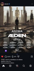 Promotional poster for Anyma Presents ÆDEN showing a lone figure standing before a giant statue and ruined classical columns amid cables, with bold text announcing the world premiere at Coachella Apr 10 & 17 and a list of international tour dates and cities.