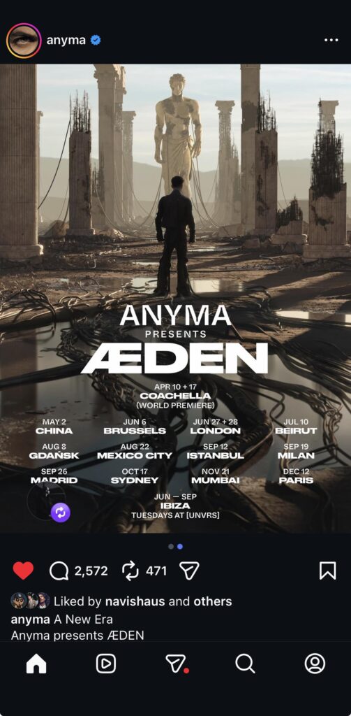Promotional poster for Anyma Presents ÆDEN showing a lone figure standing before a giant statue and ruined classical columns amid cables, with bold text announcing the world premiere at Coachella Apr 10 & 17 and a list of international tour dates and cities.