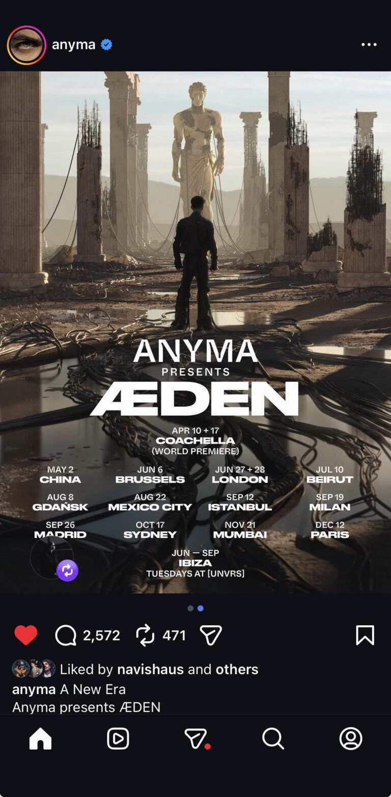 Promotional poster for Anyma Presents ÆDEN showing a lone figure standing before a giant statue and ruined classical columns amid cables, with bold text announcing the world premiere at Coachella Apr 10 & 17 and a list of international tour dates and cities.
