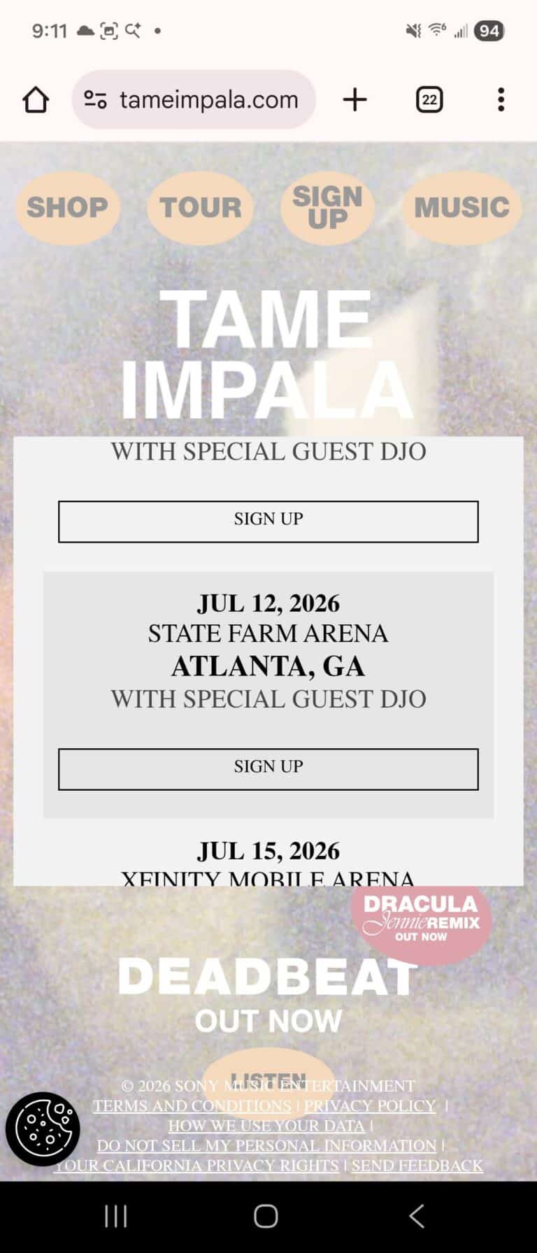 Mobile screenshot of the Tame Impala website showing a tour signup section with a large "TAME IMPALA" header, a prominent "Sign Up" button, and a highlighted July 12, 2026 listing for State Farm Arena — Atlanta, GA, with special guest DJO. The lower page shows promotional text "DEADBEAT OUT NOW" and site footer links and legal notices.