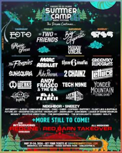 Colorful poster for the Summer Camp Music Festival 25th anniversary with stylized graphics and day-by-day lineup columns. Headliners include Toto (Thursday), Two Friends and Marc Rebillet (Friday), Big Gigantic and 2 Chainz (Saturday), and STS9, Greensky Bluegrass and Lettuce (Sunday), plus many supporting acts, a Redline Chicago Red Barn takeover, and festival dates May 21–24, 2026 at Three Sisters Park, Chillicothe, IL.