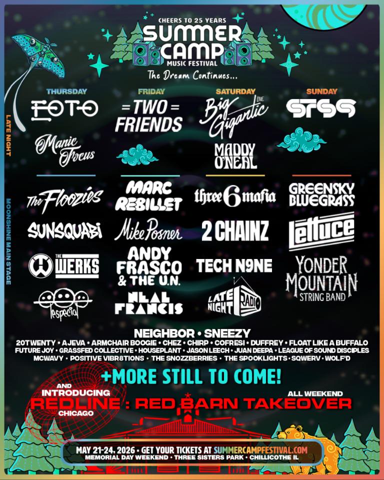 Colorful poster for the Summer Camp Music Festival 25th anniversary with stylized graphics and day-by-day lineup columns. Headliners include Toto (Thursday), Two Friends and Marc Rebillet (Friday), Big Gigantic and 2 Chainz (Saturday), and STS9, Greensky Bluegrass and Lettuce (Sunday), plus many supporting acts, a Redline Chicago Red Barn takeover, and festival dates May 21–24, 2026 at Three Sisters Park, Chillicothe, IL.
