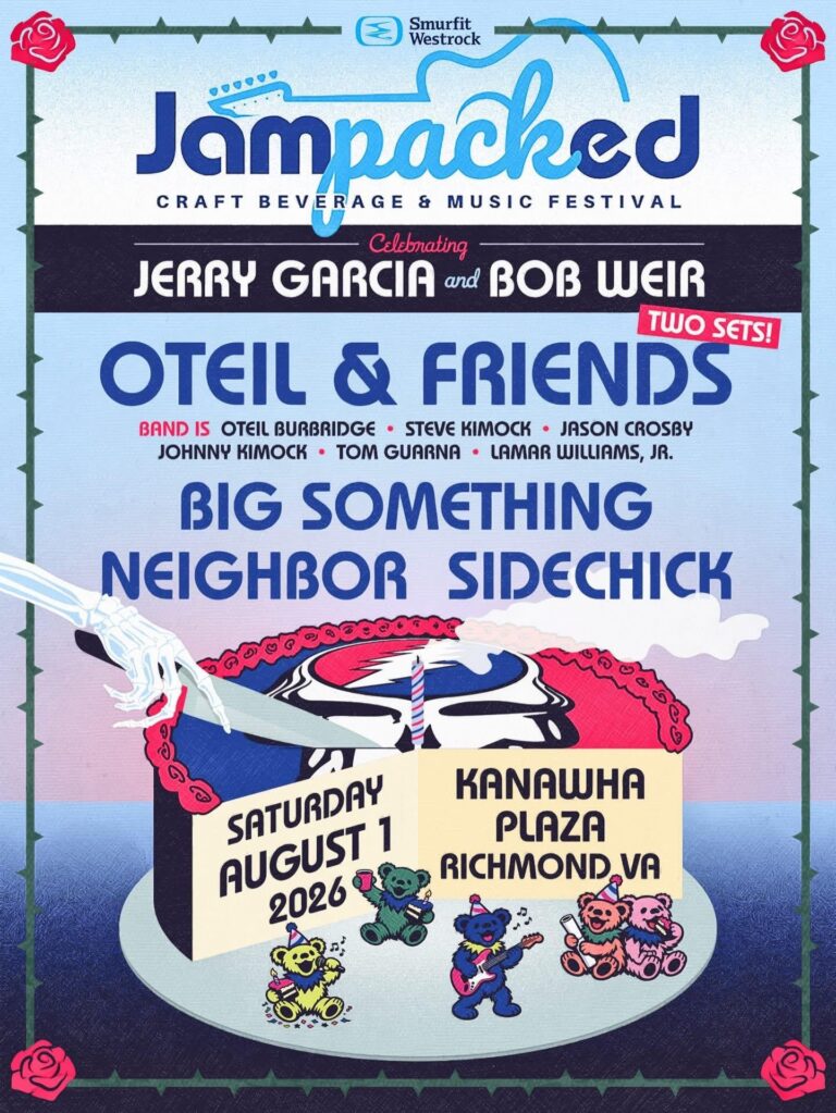 Poster for the Jampacked Craft Beverage & Music Festival promoting Oteil & Friends (two sets), Big Something and Neighbor Sidechick, with date Saturday August 1, 2026 and location Kanawha Plaza, Richmond, VA. Colorful retro design shows a skeleton hand cutting a cake featuring a Grateful Dead-style skull, dancing bears, roses in the corners, and bold festival typography.