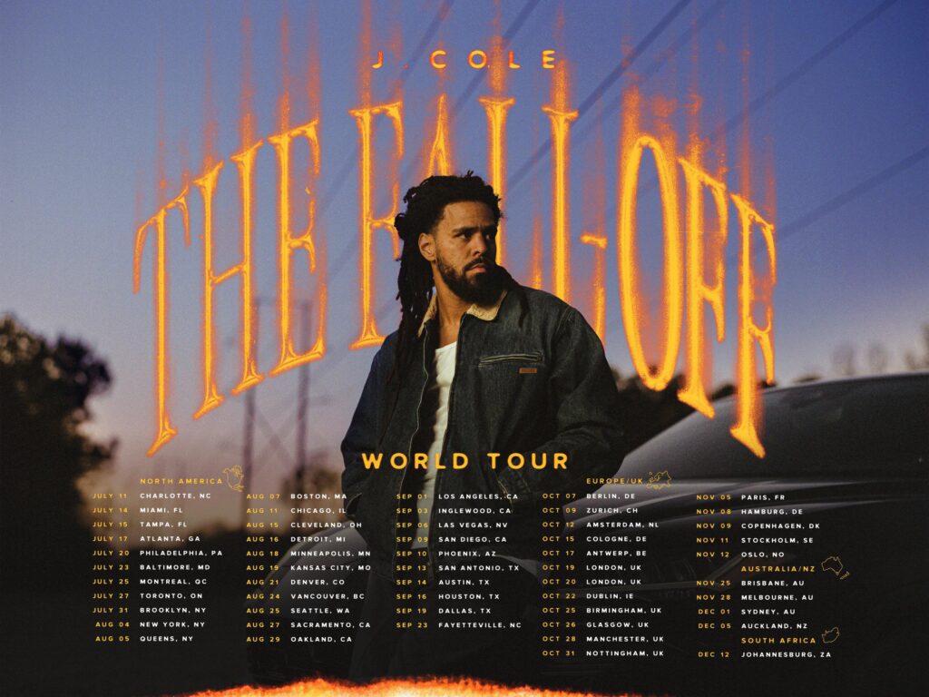 J. Cole stands in the center of a dusk-colored promotional poster with large fiery-gold lettering for the tour and the words "World Tour" above columns of small printed tour dates and cities across North America, Europe/UK, Australia/New Zealand and South Africa.