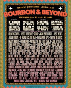 Colorful vintage-style poster for Bourbon & Beyond 2026 at the Kentucky Expo Center in Louisville, KY, showing dates September 24–27 and day-by-day headliners: Foo Fighters and Queens of the Stone Age (Thursday), Mumford & Sons and Kacey Musgraves (Friday), Chris Stapleton and The Red Clay Strays (Saturday), and Dave Matthews Band and Hootie & the Blowfish (Sunday). Smaller acts and dozens of additional artists are listed alphabetically in dense type below the headliners.