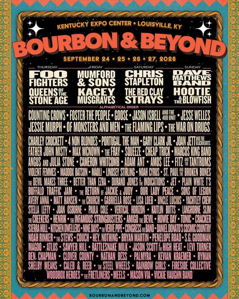 Colorful vintage-style poster for Bourbon & Beyond 2026 at the Kentucky Expo Center in Louisville, KY, showing dates September 24–27 and day-by-day headliners: Foo Fighters and Queens of the Stone Age (Thursday), Mumford & Sons and Kacey Musgraves (Friday), Chris Stapleton and The Red Clay Strays (Saturday), and Dave Matthews Band and Hootie & the Blowfish (Sunday). Smaller acts and dozens of additional artists are listed alphabetically in dense type below the headliners.