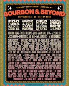 Festival poster announcing the Bourbon & Beyond 2026 lineup at the Kentucky Expo Center in Louisville, KY, with headliners Foo Fighters, Mumford & Sons, Chris Stapleton and Dave Matthews Band, dates September 24–27, 2026, and a dense, alphabetical list of supporting artists below.