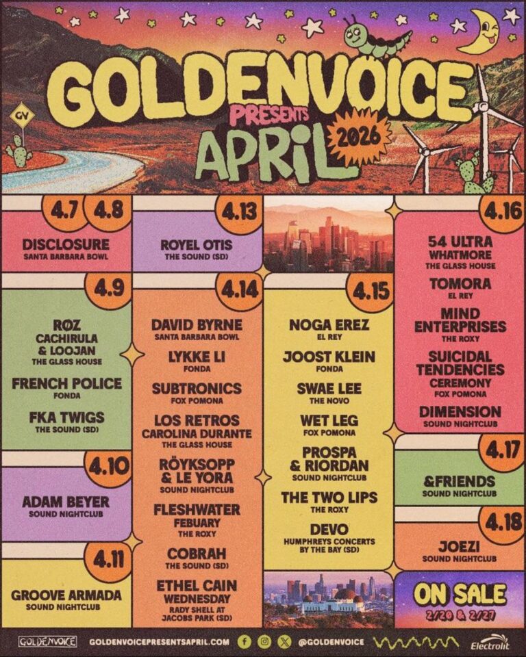 Colorful poster-style calendar titled "Goldenvoice Presents April 2026" showing a grid of April dates with Southern California concert listings and venues, highlighting headliners like Disclosure, David Byrne, Ethel Cain, Subtronics, FKA Twigs, Wet Leg and Swae Lee. Vintage desert and windmill artwork frames the lineup with Goldenvoice branding and on-sale information.