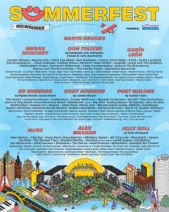 Summerfest Milwaukee lineup poster showing festival dates and weekend headliners with a dense undercard of supporting acts printed in small type, set on a sky-blue background with a colorful illustrated festival grounds scene at the bottom.