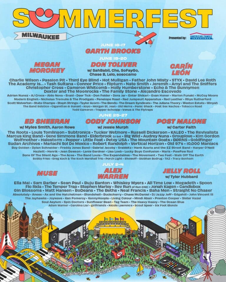 Summerfest Milwaukee lineup poster with large yellow festival logo at top and multiple date blocks listing headliners (Garth Brooks, Don Toliver, Ed Sheeran, Post Malone, Muse, Alex Warren, Jelly Roll) and dozens of smaller artist names in dense text. Bright, cartoon-style illustration of a lakeside festival site, stages, crowd and city skyline fills the bottom of the poster.