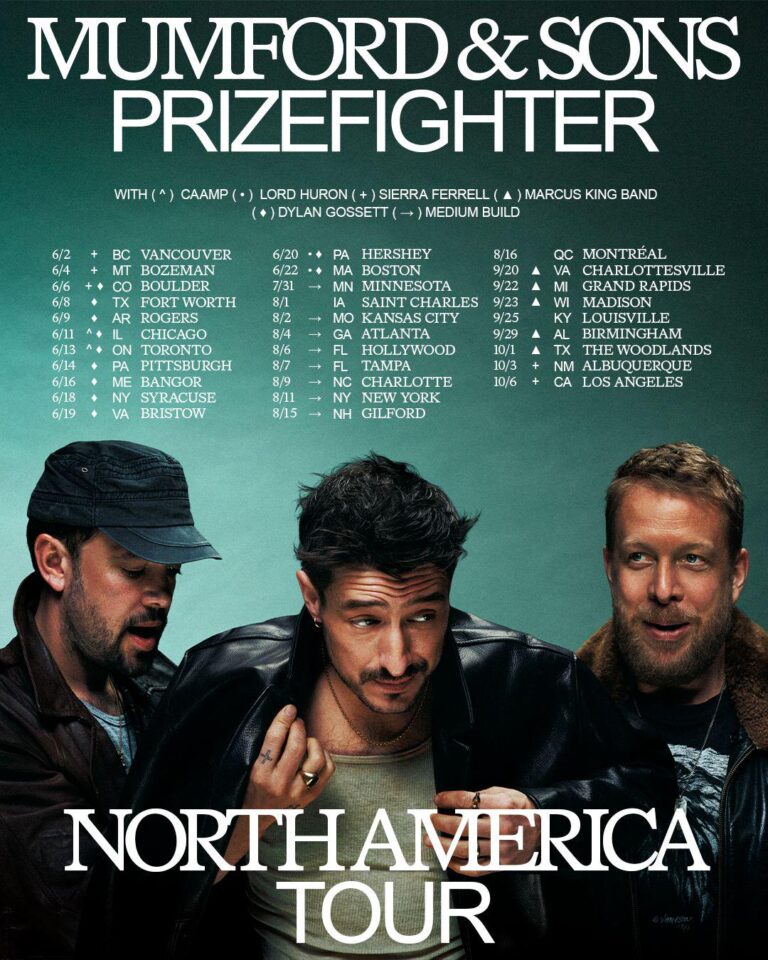 Mumford & Sons "Prizefighter" North America Tour poster with the band name and tour title in large type, a center column listing tour dates and cities, and a photo of the three band members along the lower third.