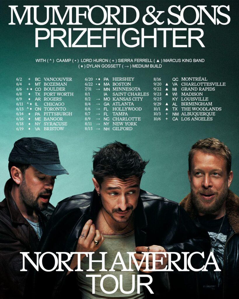 Mumford & Sons "Prizefighter" North America Tour poster with the band name and tour title in large type, a center column listing tour dates and cities, and a photo of the three band members along the lower third.
