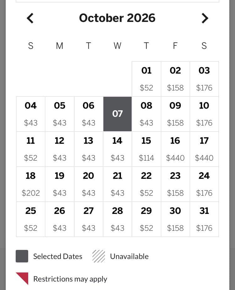 Calendar grid for October 2026 showing nightly prices under each date, with the seventh highlighted in dark gray. A legend at the bottom marks selected dates, unavailable days, and restrictions, and the calendar shows a notable price spike on Oct 16–17 listed at $440.