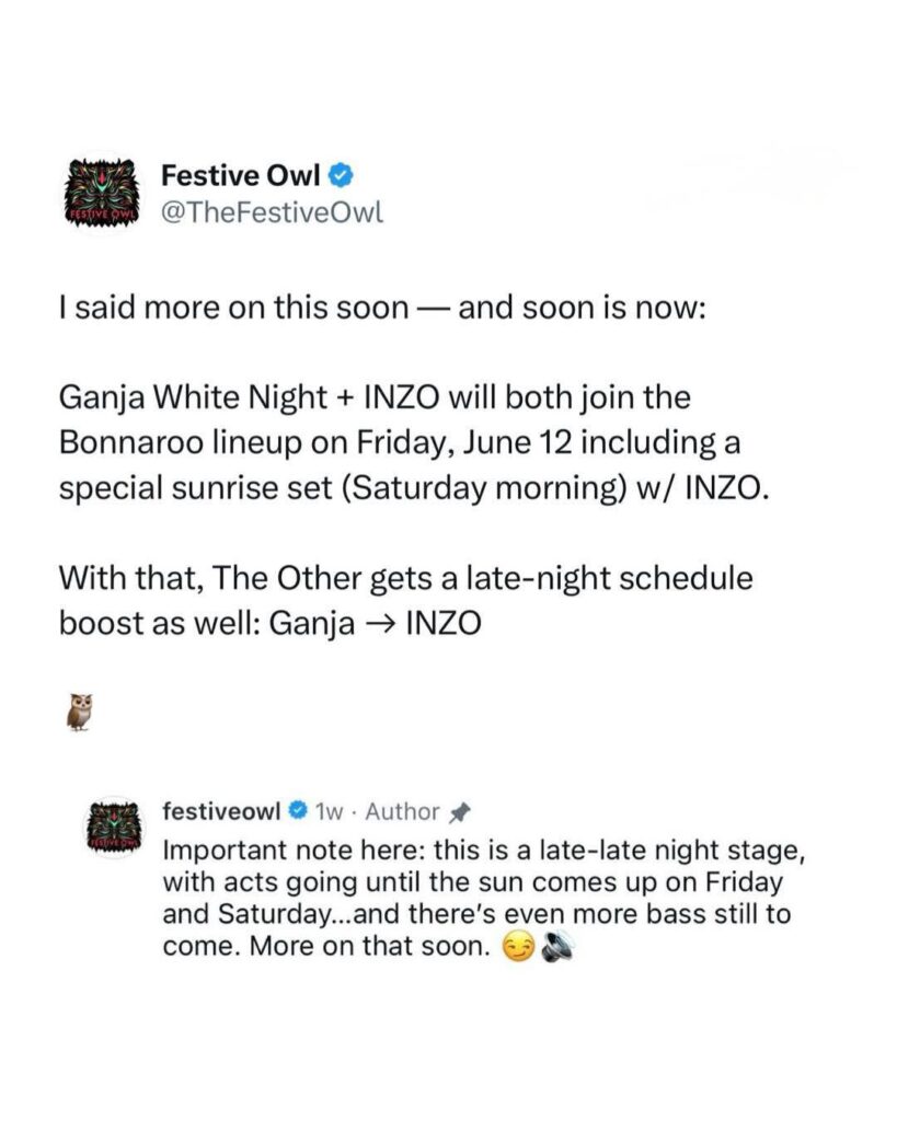 Screenshot of a Festive Owl social media post announcing Ganja White Night and INZO joining the Bonnaroo lineup on Friday, June 12 with a special sunrise set and a late‑late night bass stage running until sunrise.