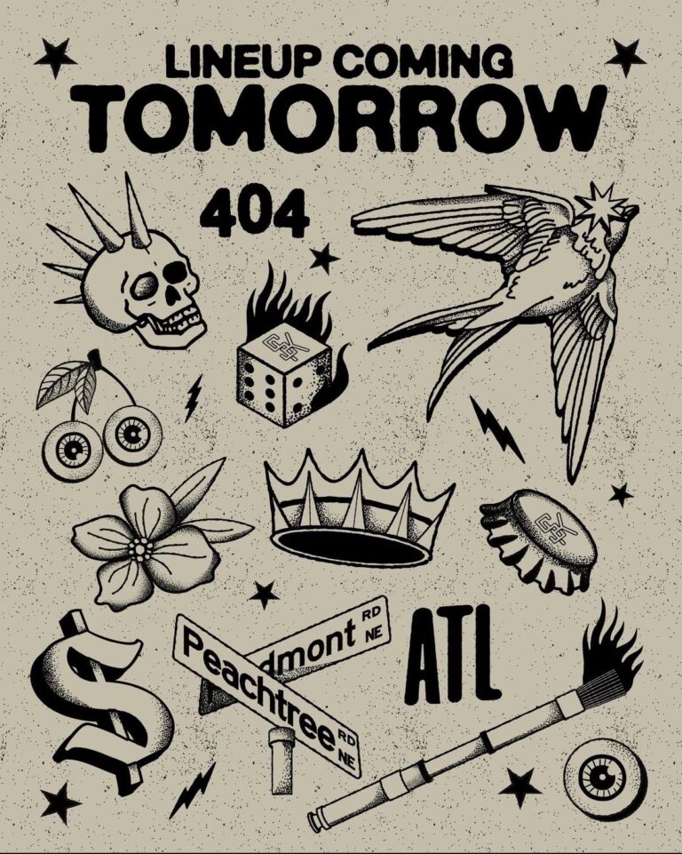 Beige poster-style teaser covered in black, tattoo-style illustrations and bold text reading "LINEUP COMING TOMORROW," with prominent "404" and "ATL" markings. Icons include a spiked skull, flying swallow, flaming dice, crown, bottle cap, dollar sign, cherries with eyeballs, a Peachtree/Piedmont street sign, a paintbrush with flame, stars and lightning bolts, suggesting lineup clues.