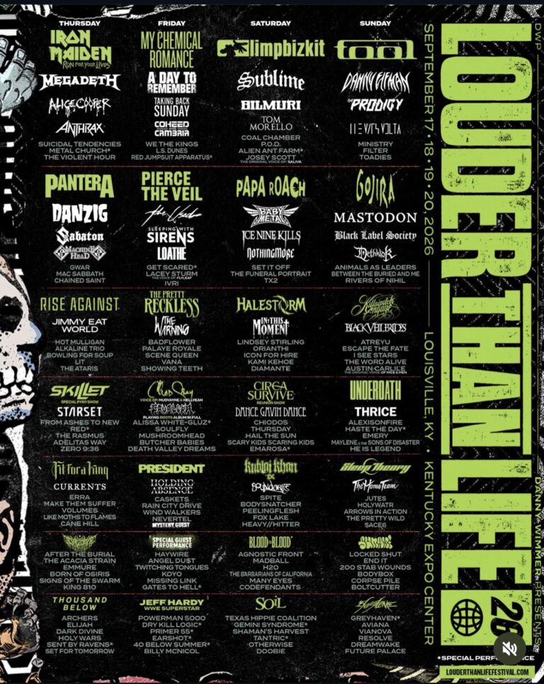 Promotional poster for Louder Than Life 2026 showing a dense, multi-column festival lineup by day with headliners like Iron Maiden, My Chemical Romance, Limp Bizkit and Tool plus dozens of supporting bands in neon green and white text on a black background.