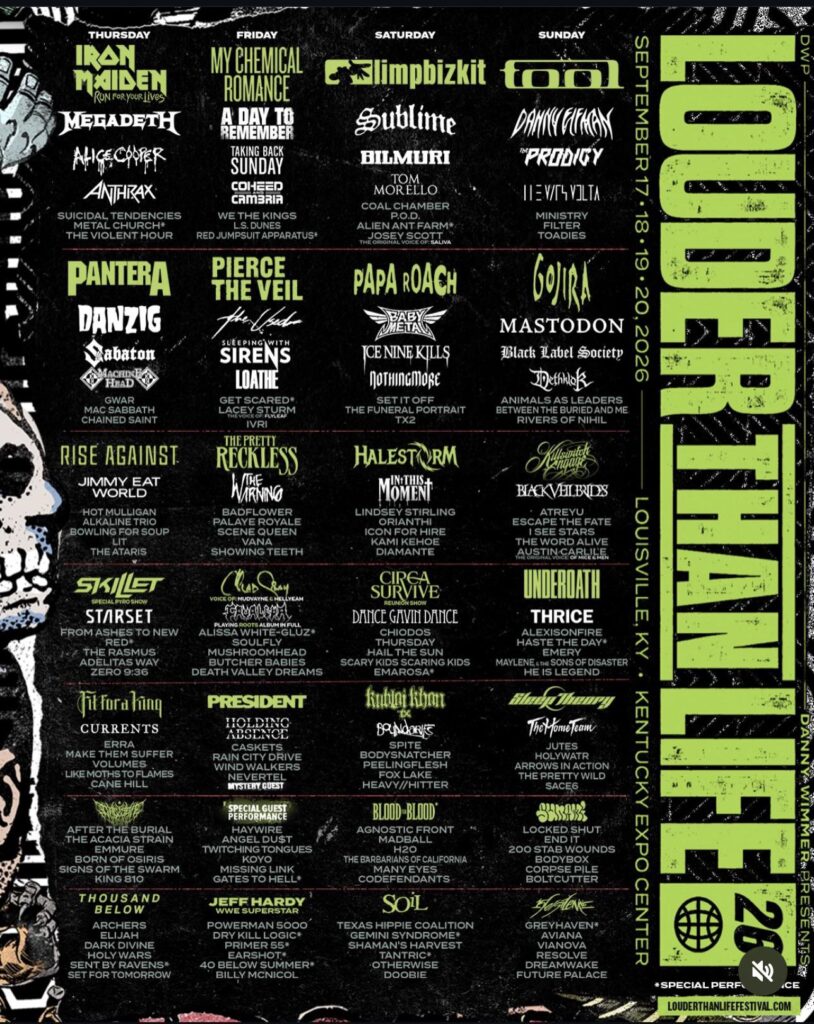 Promotional poster for Louder Than Life 2026 showing a dense, multi-column festival lineup by day with headliners like Iron Maiden, My Chemical Romance, Limp Bizkit and Tool plus dozens of supporting bands in neon green and white text on a black background.