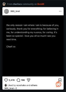 Screenshot showing a social media black-background text post thanking fans — it reads that the only reason the author is where they are is because of the fans, ends with "I love you all so much" and is signed with initials. Likes and comment counts and a small Reddit icon are visible.