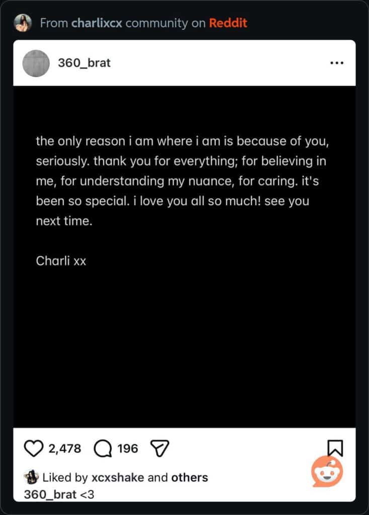 Screenshot showing a social media black-background text post thanking fans — it reads that the only reason the author is where they are is because of the fans, ends with "I love you all so much" and is signed with initials. Likes and comment counts and a small Reddit icon are visible.