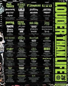 Poster displaying the Louder Than Life 2026 festival lineup with day-by-day columns of band logos and names, highlighting headliners such as Iron Maiden, My Chemical Romance, Limp Bizkit and Tool along with dozens of supporting acts. Designed as a vertical festival poster with dates, Louisville location and smaller type listing hundreds of bands.