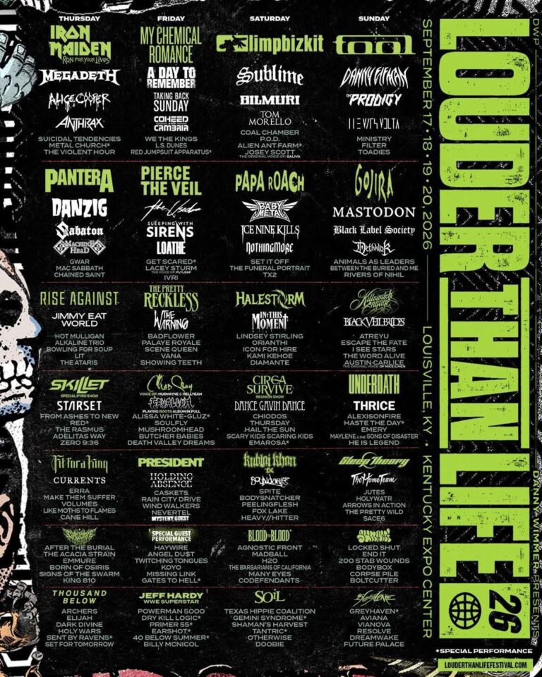 Poster displaying the Louder Than Life 2026 festival lineup with day-by-day columns of band logos and names, highlighting headliners such as Iron Maiden, My Chemical Romance, Limp Bizkit and Tool along with dozens of supporting acts. Designed as a vertical festival poster with dates, Louisville location and smaller type listing hundreds of bands.