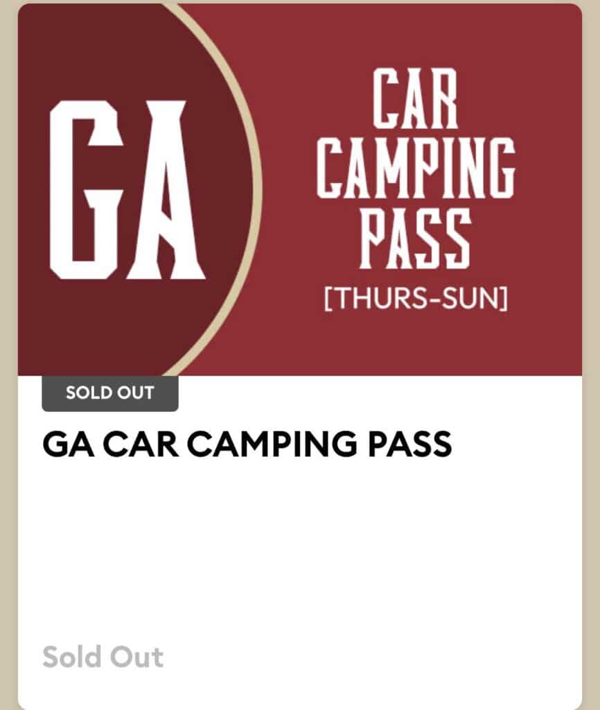 Ticket-style graphic for a GA Car Camping Pass with maroon and tan design that reads "Car Camping Pass [Thurs–Sun]" and a prominent gray "Sold Out" badge; large bold headline "GA CAR CAMPING PASS" appears below with faint "Sold Out" text at the bottom.