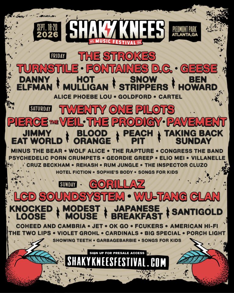 Shaky Knees 2026 festival poster listing headliners and full lineup for Sept. 18–20 at Piedmont Park, Atlanta, GA, with Friday (The Strokes, Turnstile, Fontaines D.C., Geese), Saturday (Twenty One Pilots, Pierce the Veil, The Prodigy, Pavement) and Sunday (Gorillaz, LCD Soundsystem, Wu-Tang Clan) prominently displayed. Torn paper background with red-and-black typography and stylized red apple graphics with lightning-bolt leaves framing the lineup.