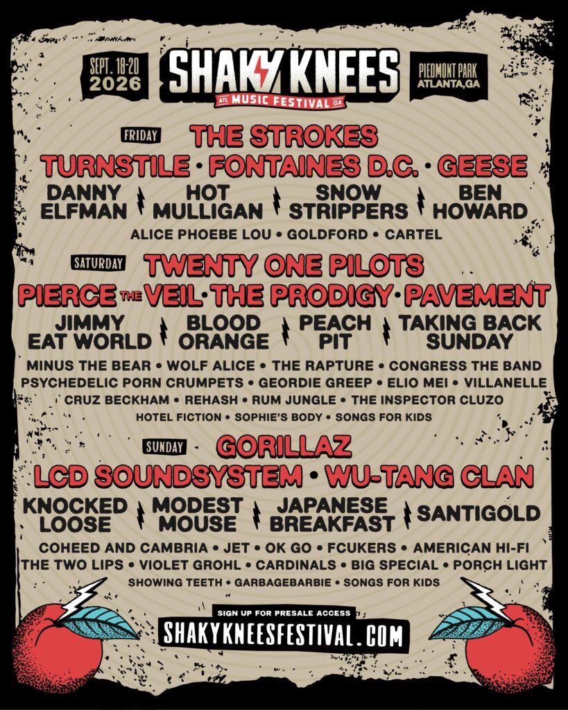 Shaky Knees 2026 festival poster listing headliners and full lineup for Sept. 18–20 at Piedmont Park, Atlanta, GA, with Friday (The Strokes, Turnstile, Fontaines D.C., Geese), Saturday (Twenty One Pilots, Pierce the Veil, The Prodigy, Pavement) and Sunday (Gorillaz, LCD Soundsystem, Wu-Tang Clan) prominently displayed. Torn paper background with red-and-black typography and stylized red apple graphics with lightning-bolt leaves framing the lineup.