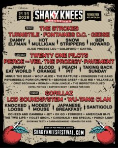 Shaky Knees 2026 music festival poster listing Sept. 18–20 at Piedmont Park, Atlanta, with headliners The Strokes (Friday), Twenty One Pilots (Saturday), Gorillaz, LCD Soundsystem and Wu‑Tang Clan (Sunday) and numerous supporting acts; distressed vintage design with the festival logo at top and shakykneesfestival.com presale banner at the bottom.