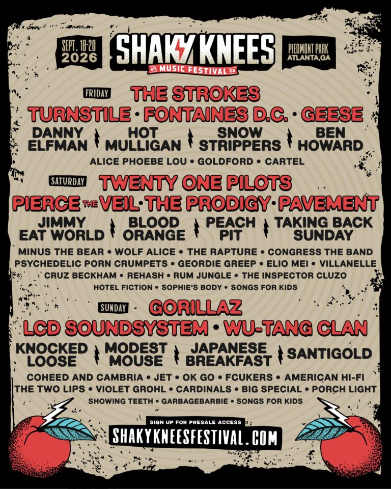 Shaky Knees 2026 music festival poster listing Sept. 18–20 at Piedmont Park, Atlanta, with headliners The Strokes (Friday), Twenty One Pilots (Saturday), Gorillaz, LCD Soundsystem and Wu‑Tang Clan (Sunday) and numerous supporting acts; distressed vintage design with the festival logo at top and shakykneesfestival.com presale banner at the bottom.