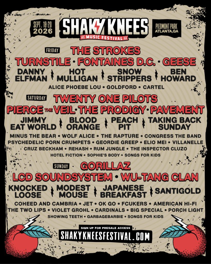 Shaky Knees 2026 music festival poster listing Sept. 18–20 at Piedmont Park, Atlanta, with headliners The Strokes (Friday), Twenty One Pilots (Saturday), Gorillaz, LCD Soundsystem and Wu‑Tang Clan (Sunday) and numerous supporting acts; distressed vintage design with the festival logo at top and shakykneesfestival.com presale banner at the bottom.