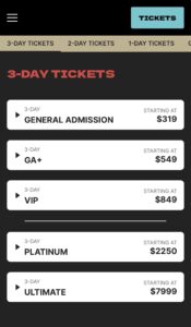 Mobile webpage showing a 3-day ticket pricing list with tiers and starting prices: General Admission $319, GA+ $549, VIP $849, Platinum $2,250, and Ultimate $7,999.