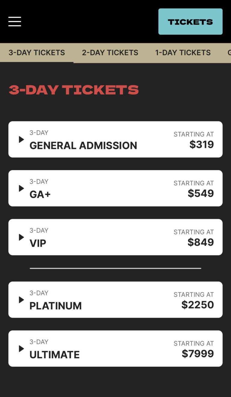 Mobile webpage showing a 3-day ticket pricing list with tiers and starting prices: General Admission $319, GA+ $549, VIP $849, Platinum $2,250, and Ultimate $7,999.