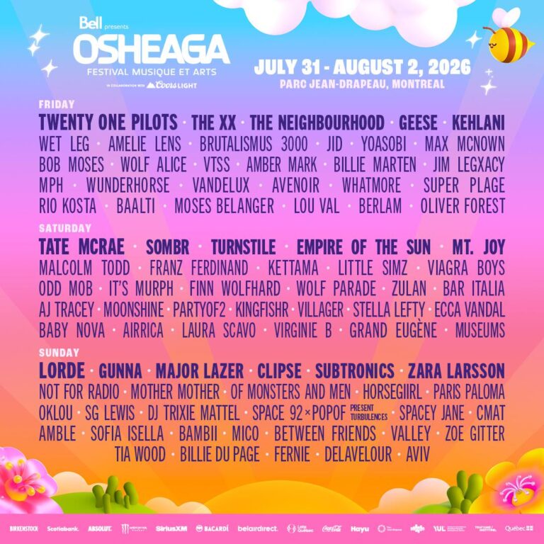 Colorful gradient Osheaga 2026 festival poster for July 31–August 2 at Parc Jean‑Drapeau, Montreal, showing a multi-line artist lineup with Friday headliners Twenty One Pilots, The xx and The Neighbourhood, Saturday headliners Tate McRae, SOMBR and Turnstile, and Sunday headliners Lorde, Gunna and Major Lazer.